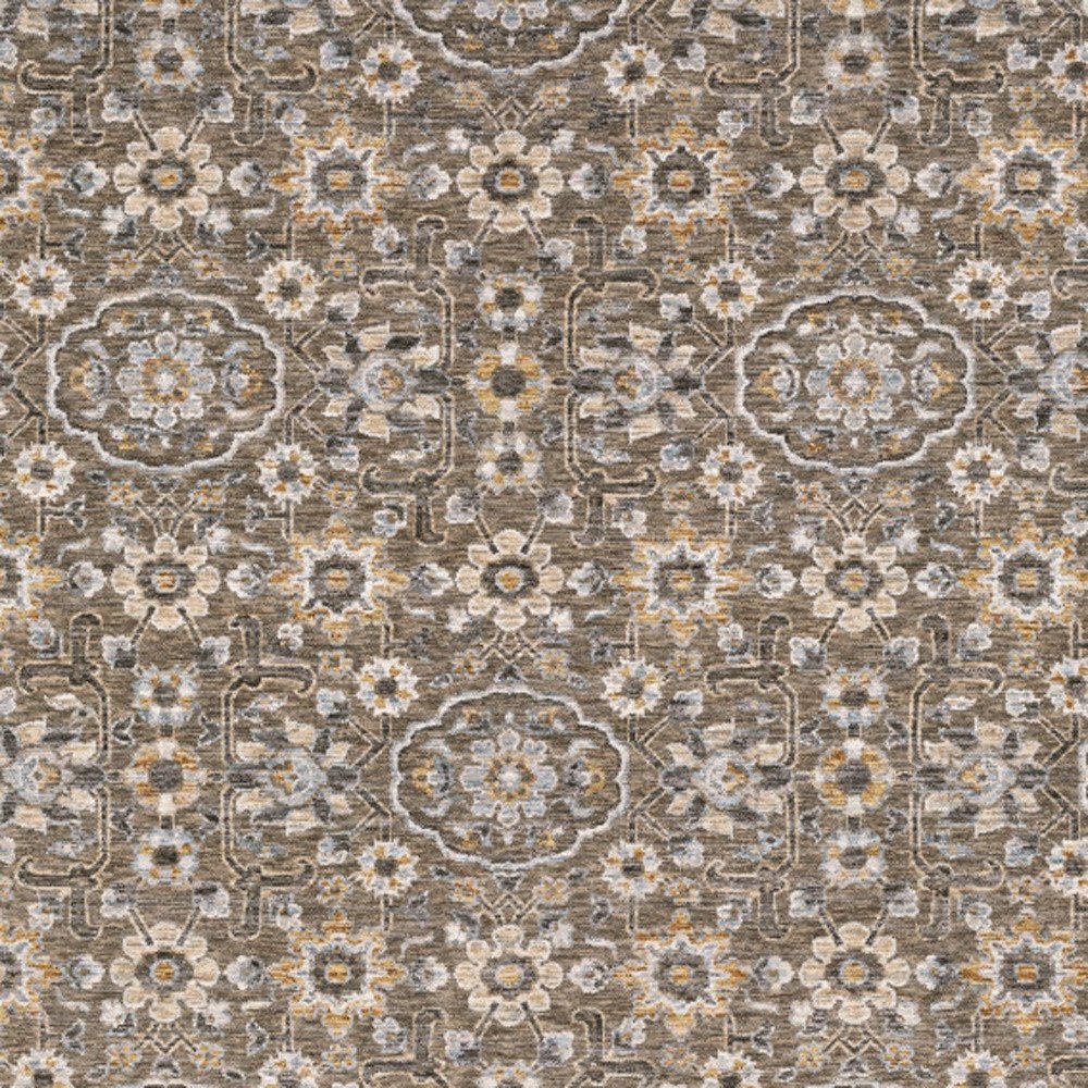 7' X 10' Gray And Gold Floral Area Rug With Fringe