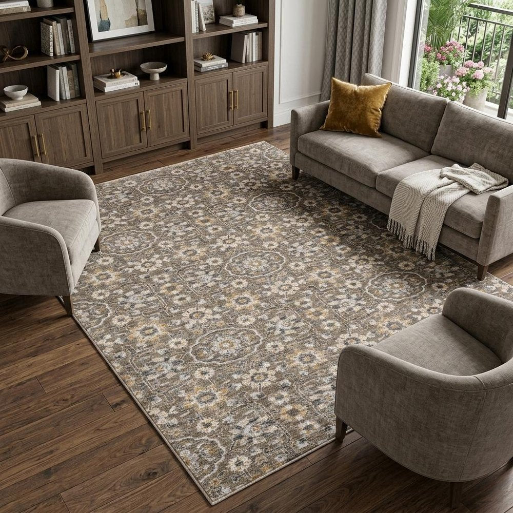7' X 10' Gray And Gold Floral Area Rug With Fringe