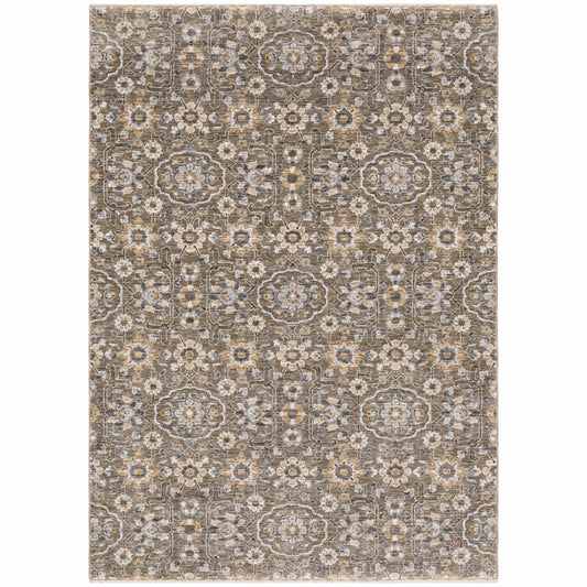 7' X 10' Gray And Gold Floral Area Rug With Fringe