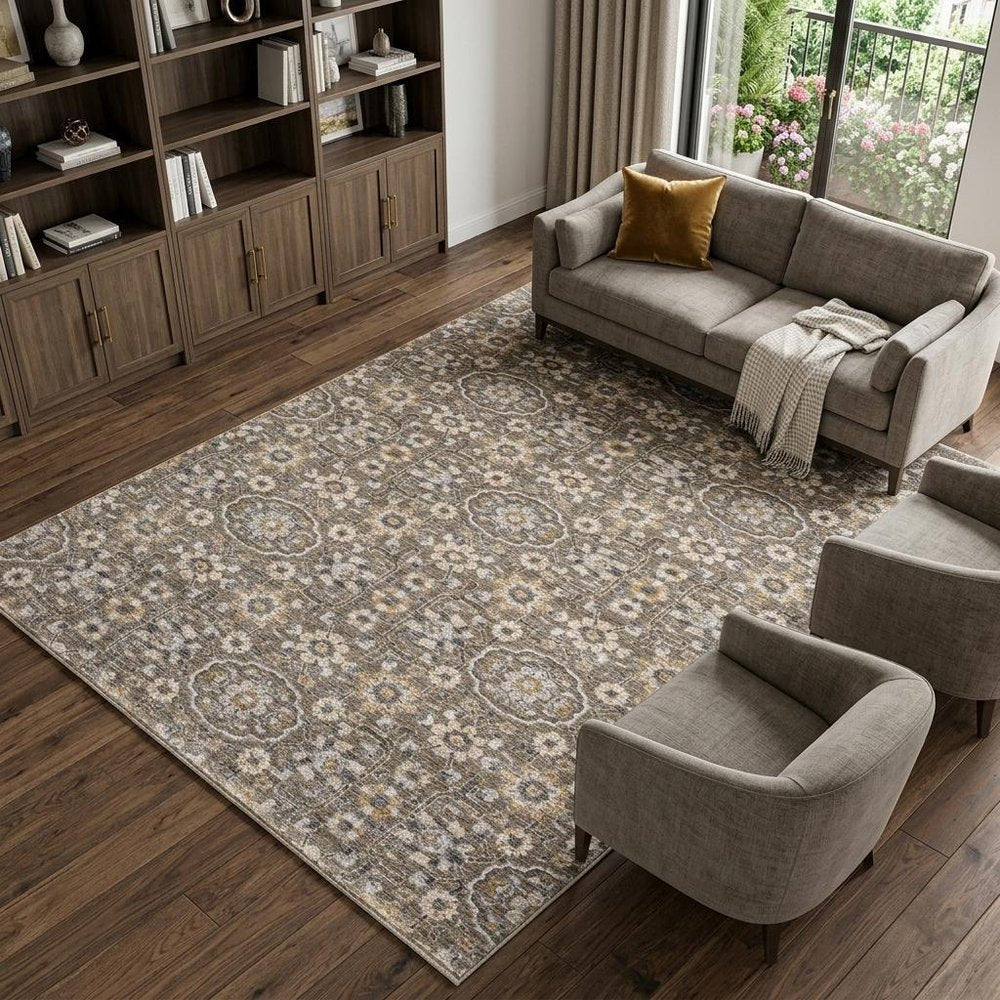 8' X 11' Gray Floral Power Loom Area Rug With Fringe