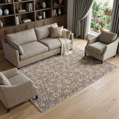 8' X 11' Gray Floral Power Loom Area Rug With Fringe