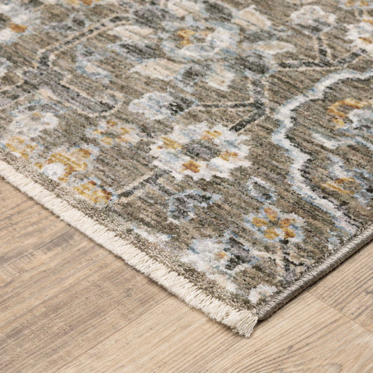 8' X 11' Gray Floral Power Loom Area Rug With Fringe