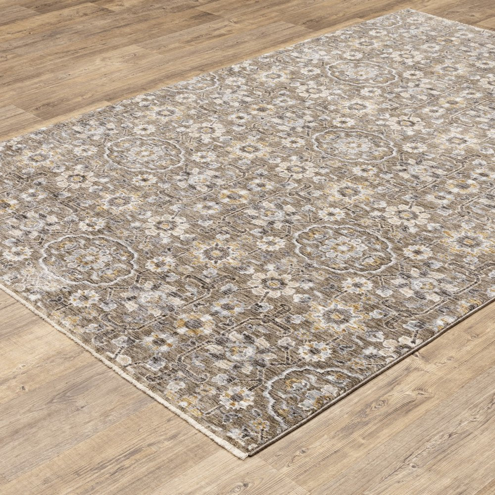 8' X 11' Gray Floral Power Loom Area Rug With Fringe