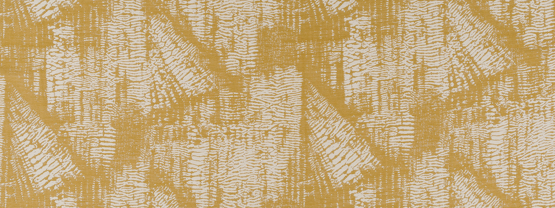 Gold metallic abstract pattern on beige upholstery fabric; textured fabric with ornate brush-stroke shapes.