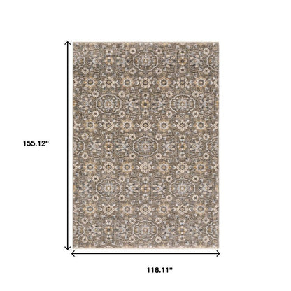 10' X 13' Grey And Tan Floral Power Loom Stain Resistant Area Rug With Fringe