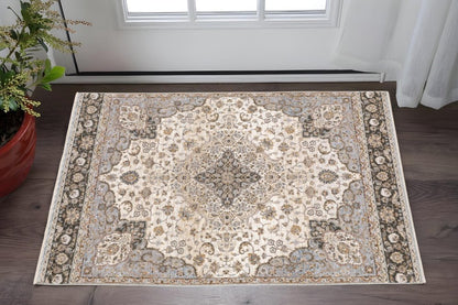 3' X 5' Ivory And Blue Oriental Power Loom Stain Resistant Area Rug With Fringe