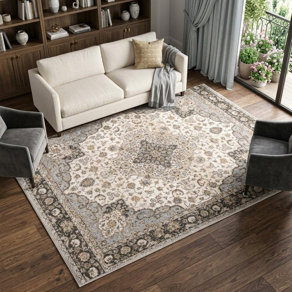 7' X 10' Ivory And Blue Oriental Area Rug With Fringe