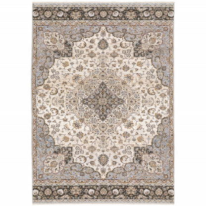 7' X 10' Ivory And Blue Oriental Area Rug With Fringe