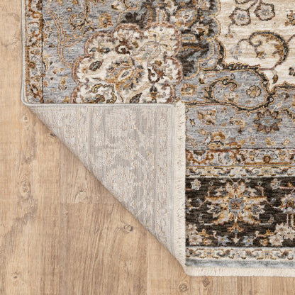 7' X 10' Ivory And Blue Oriental Area Rug With Fringe