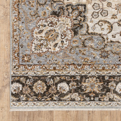 7' X 10' Ivory And Blue Oriental Area Rug With Fringe