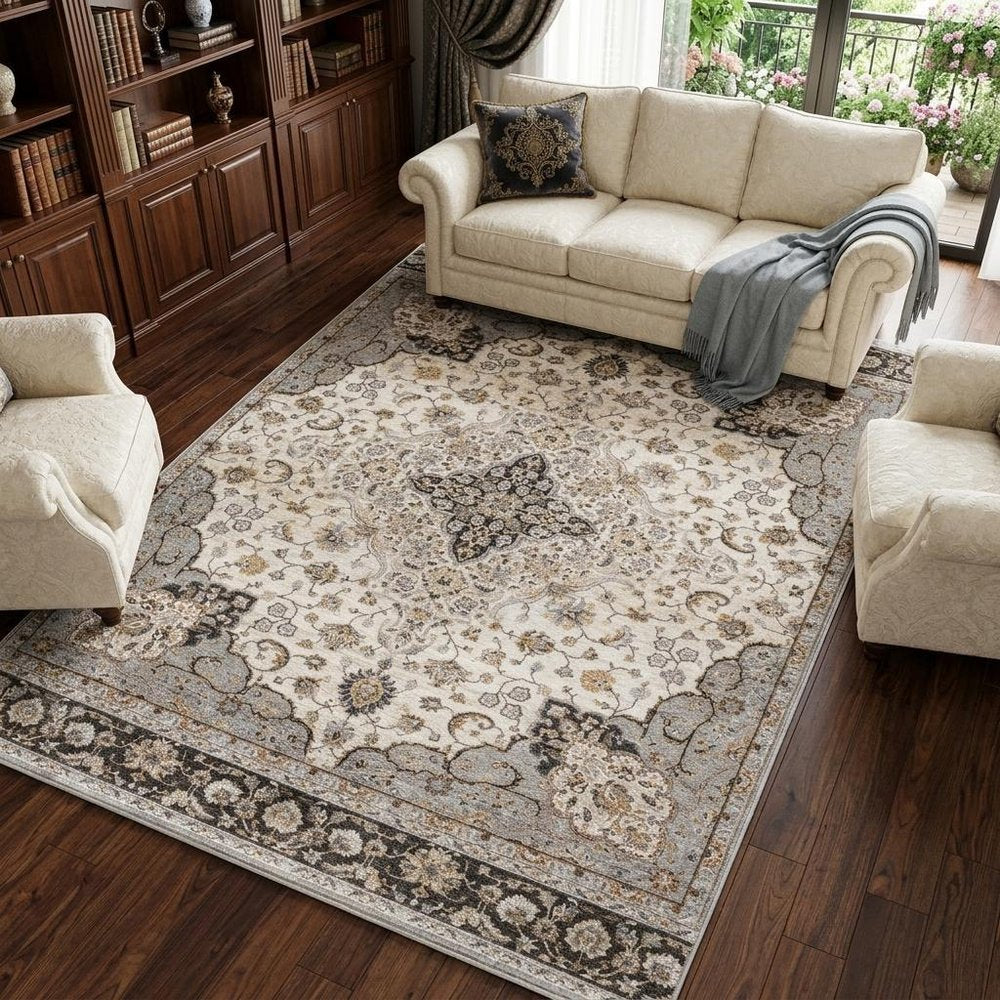 8' X 11' Ivory And Blue Oriental Area Rug With Fringe