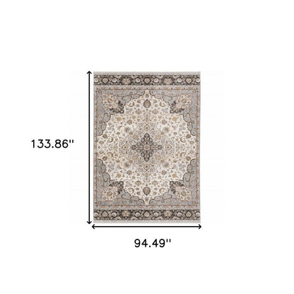 8' X 11' Ivory And Blue Oriental Area Rug With Fringe