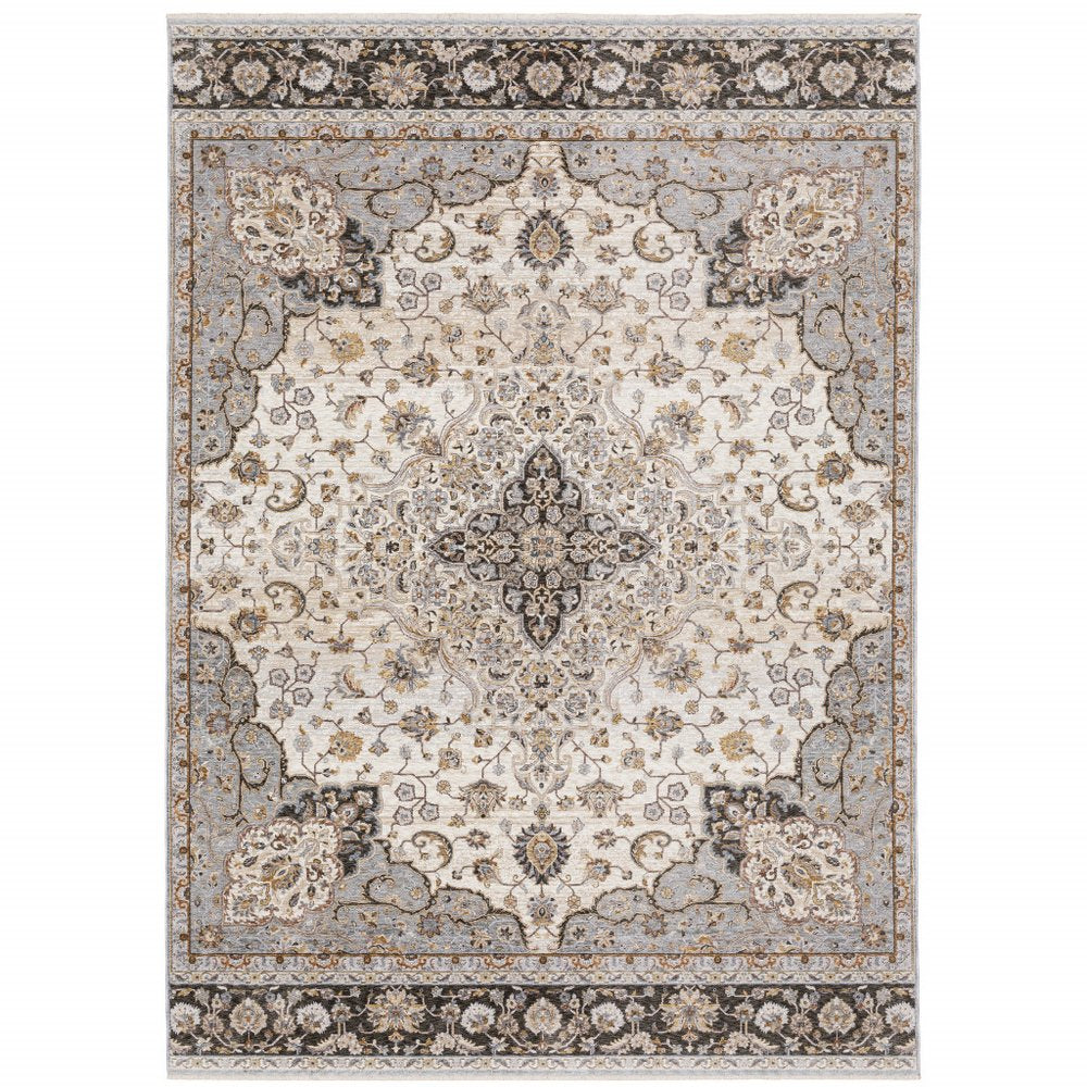 8' X 11' Ivory And Blue Oriental Area Rug With Fringe