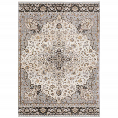 8' X 11' Ivory And Blue Oriental Area Rug With Fringe