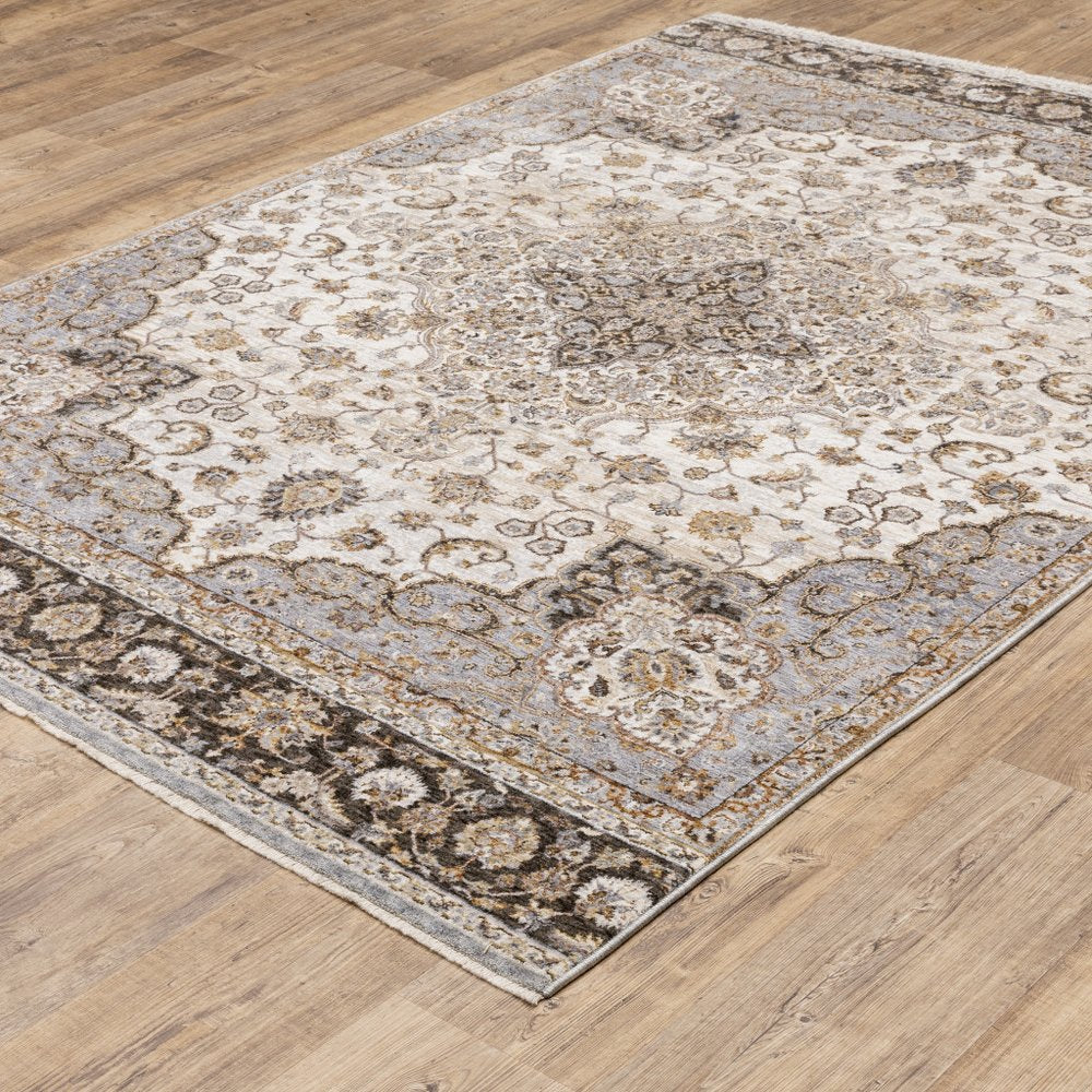 8' X 11' Ivory And Blue Oriental Area Rug With Fringe