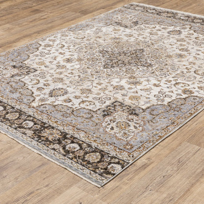 8' X 11' Ivory And Blue Oriental Area Rug With Fringe