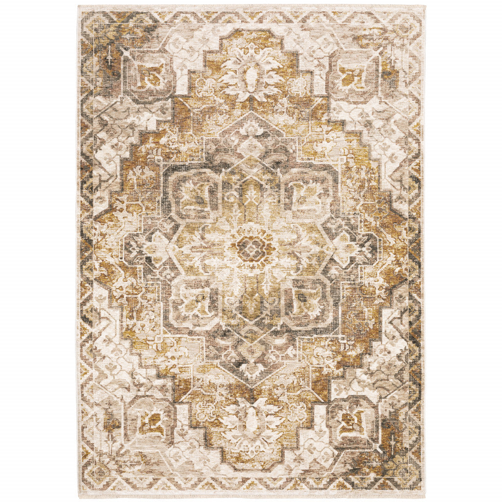 5' X 8' Gold And Ivory Oriental Power Loom Stain Resistant Area Rug With Fringe