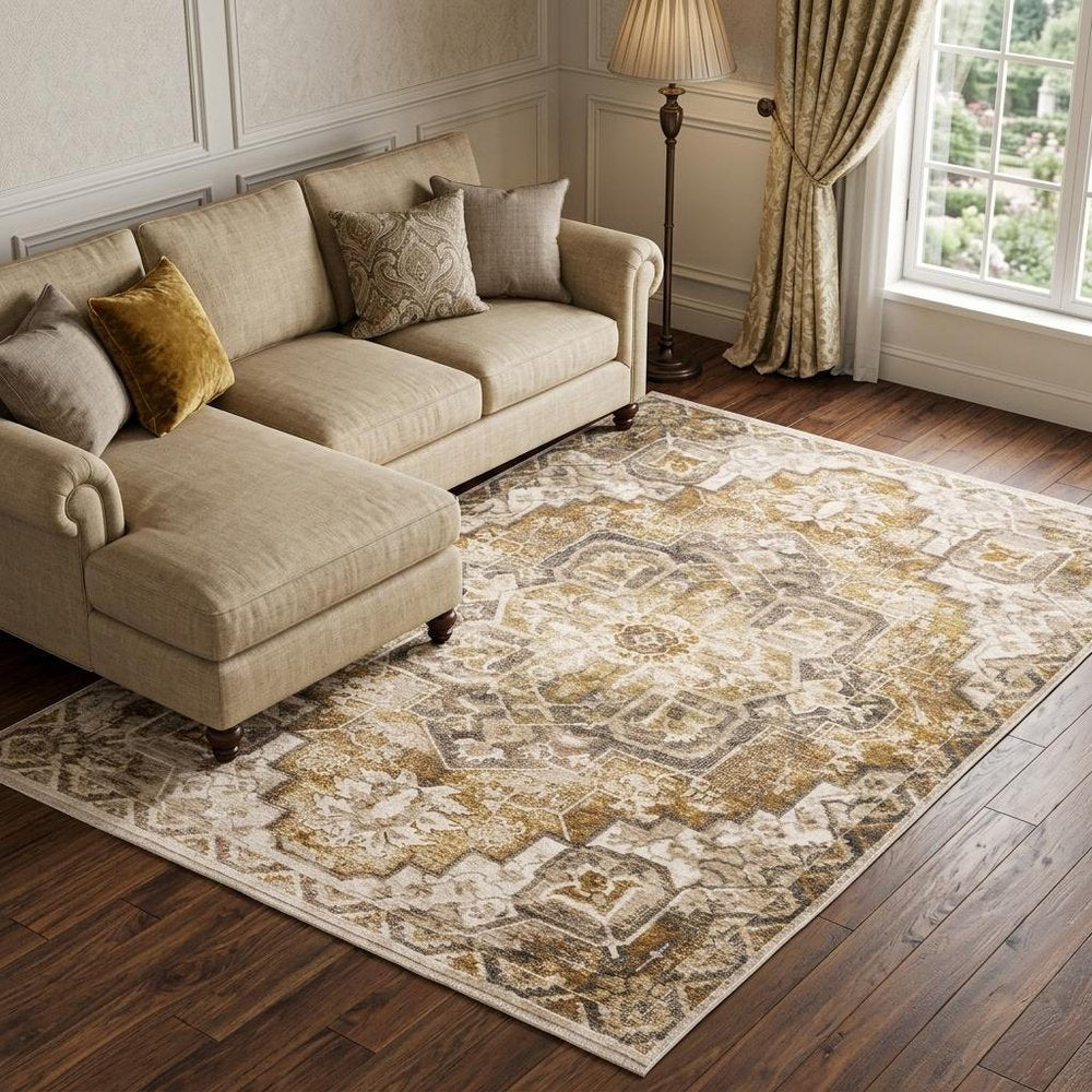 10' X 13' Gold And Brown Oriental Distressed Area Rug With Fringe