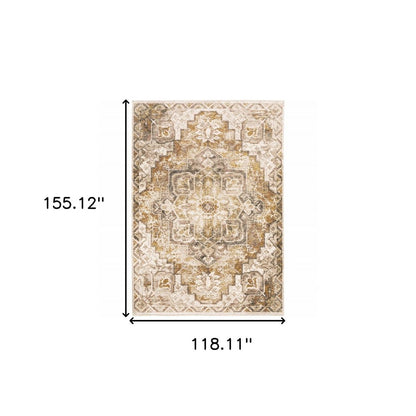 10' X 13' Gold And Brown Oriental Distressed Area Rug With Fringe