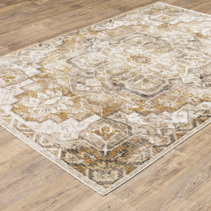 10' X 13' Gold And Brown Oriental Distressed Area Rug With Fringe