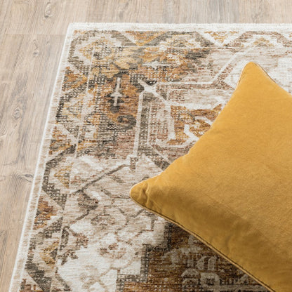 10' X 13' Gold And Brown Oriental Distressed Area Rug With Fringe