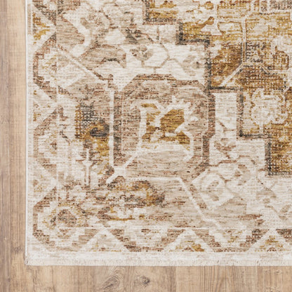 10' X 13' Gold And Brown Oriental Distressed Area Rug With Fringe