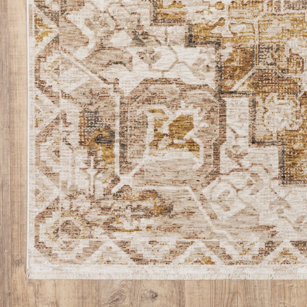 10' X 13' Gold And Brown Oriental Distressed Area Rug With Fringe