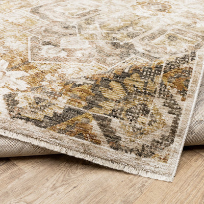 10' X 13' Gold And Brown Oriental Distressed Area Rug With Fringe