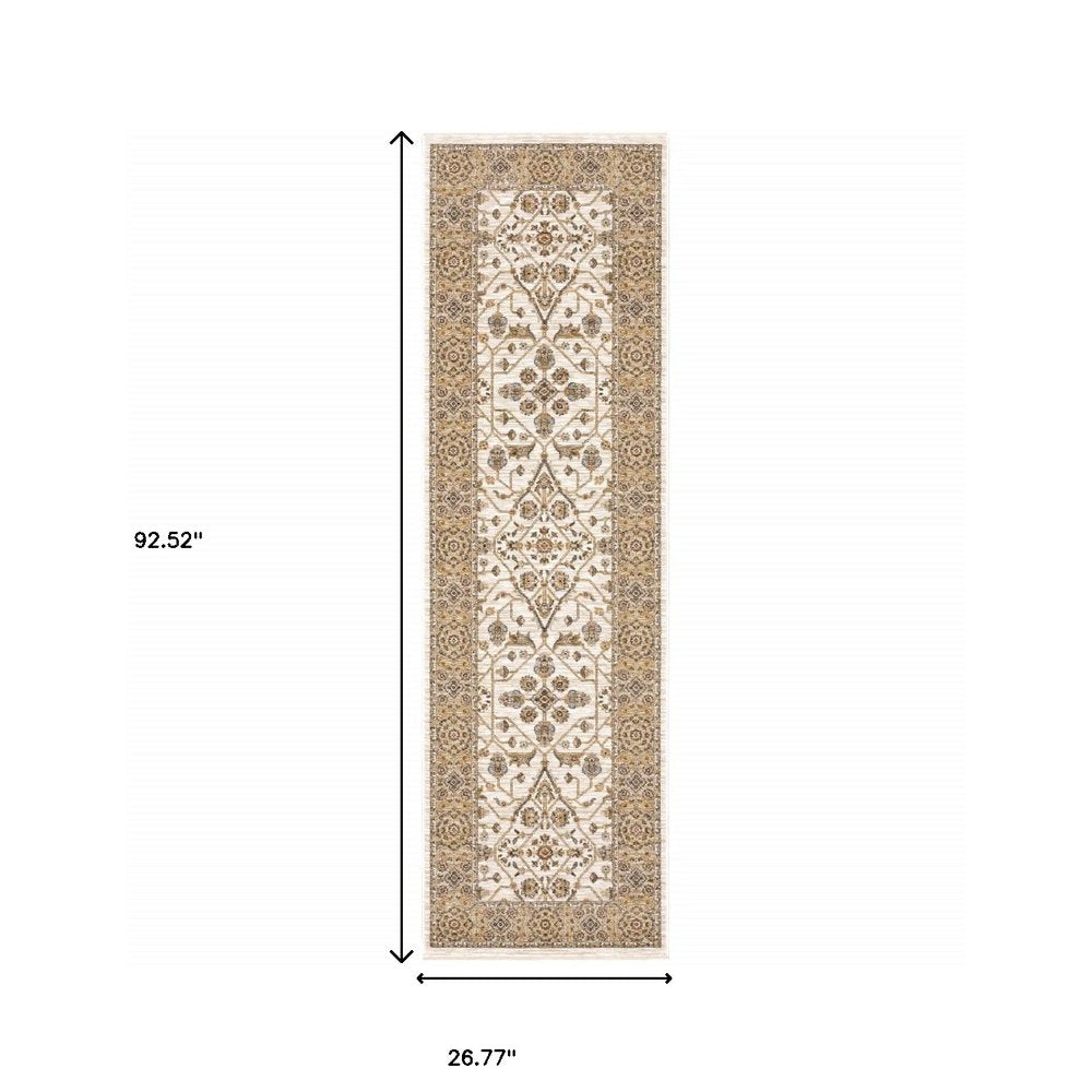 2' X 8' Ivory And Gold Oriental Power Loom Stain Resistant Runner Rug With Fringe