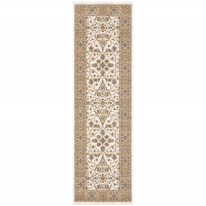 2' X 8' Ivory And Gold Oriental Power Loom Stain Resistant Runner Rug With Fringe