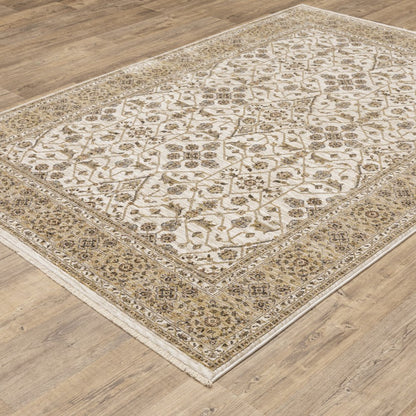 3' X 5' Ivory And Gold Oriental Power Loom Stain Resistant Area Rug With Fringe
