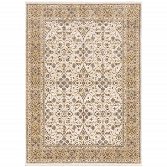 5' X 8' Ivory And Gold Oriental Power Loom Stain Resistant Area Rug With Fringe