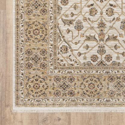 7' X 10' Ivory And Gold Oriental Area Rug With Fringe