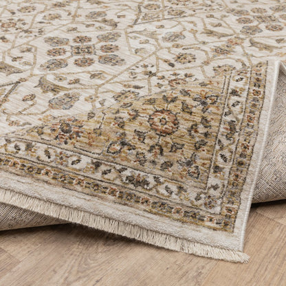 7' X 10' Ivory And Gold Oriental Area Rug With Fringe