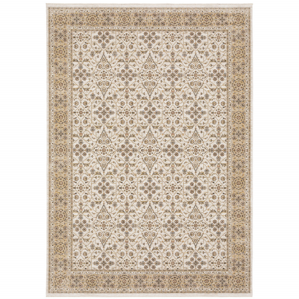 8' X 11' Ivory And Gold Oriental Power Loom Stain Resistant Area Rug With Fringe