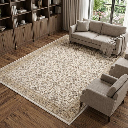 8' X 11' Ivory And Gold Oriental Area Rug With Fringe