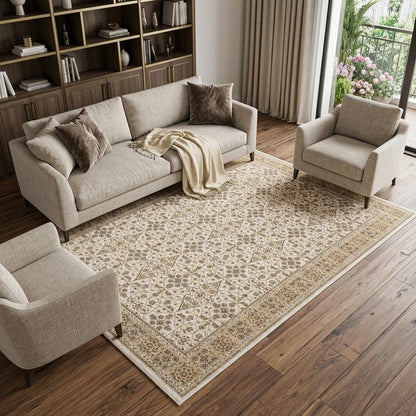 8' X 11' Ivory And Gold Oriental Area Rug With Fringe