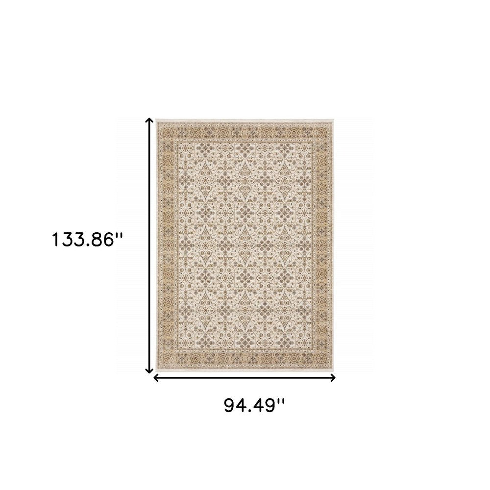 8' X 11' Ivory And Gold Oriental Area Rug With Fringe
