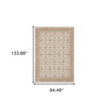 8' X 11' Ivory And Gold Oriental Area Rug With Fringe