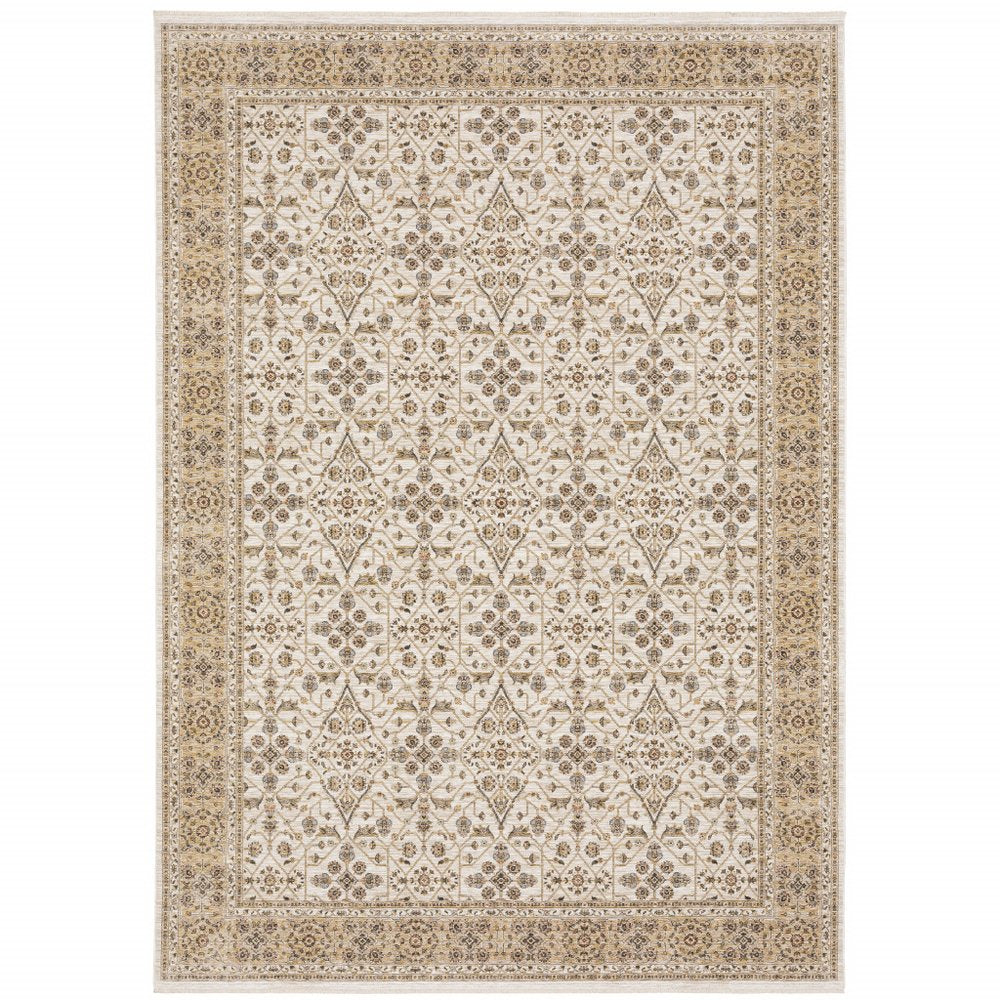 8' X 11' Ivory And Gold Oriental Area Rug With Fringe