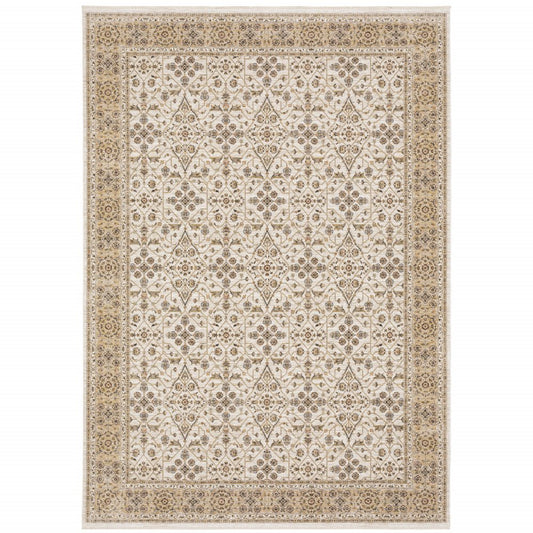 8' X 11' Ivory And Gold Oriental Area Rug With Fringe