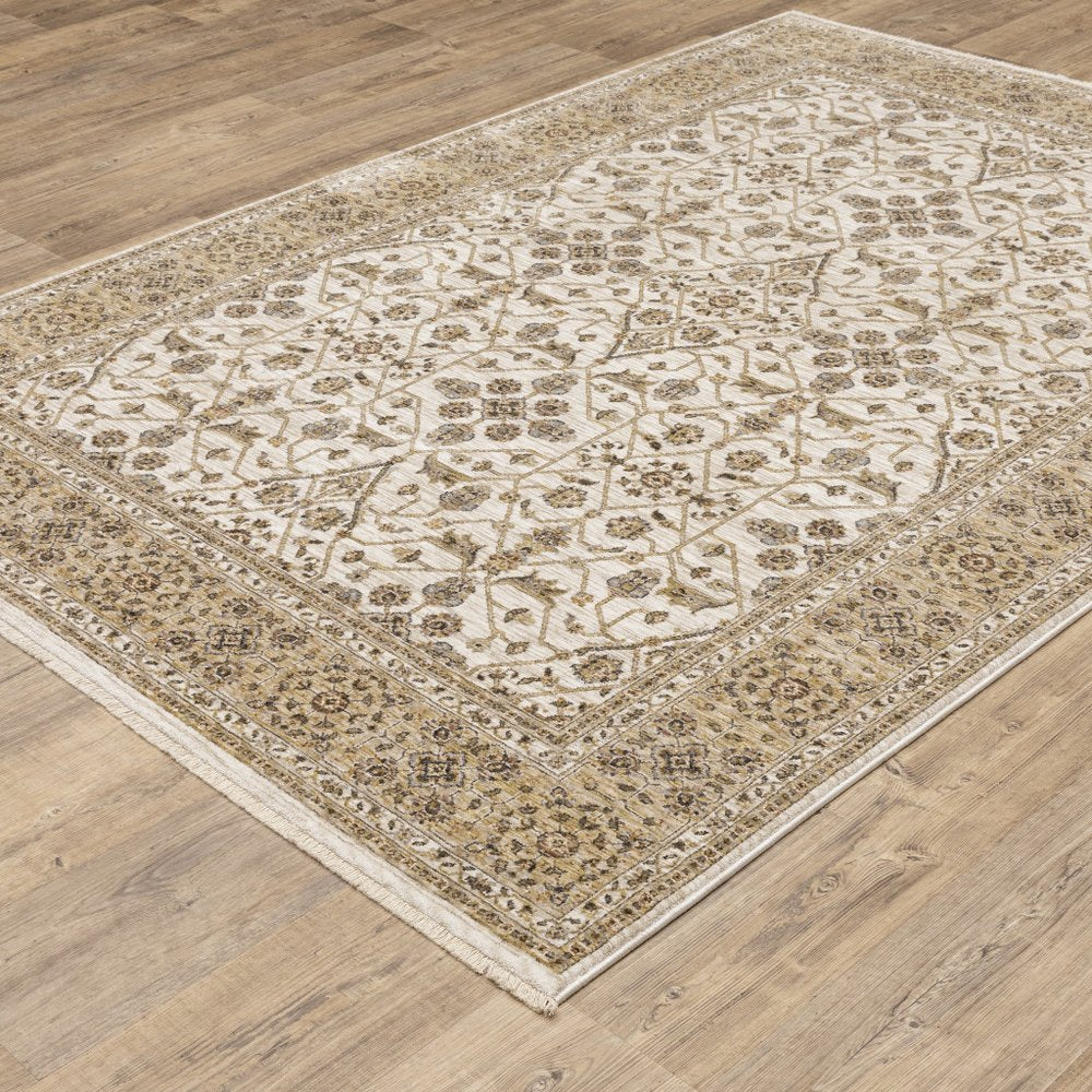 8' X 11' Ivory And Gold Oriental Area Rug With Fringe