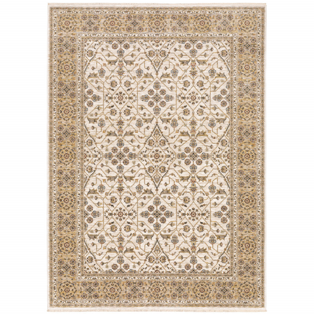 10' X 13' Ivory And Gold Oriental Power Loom Stain Resistant Area Rug With Fringe