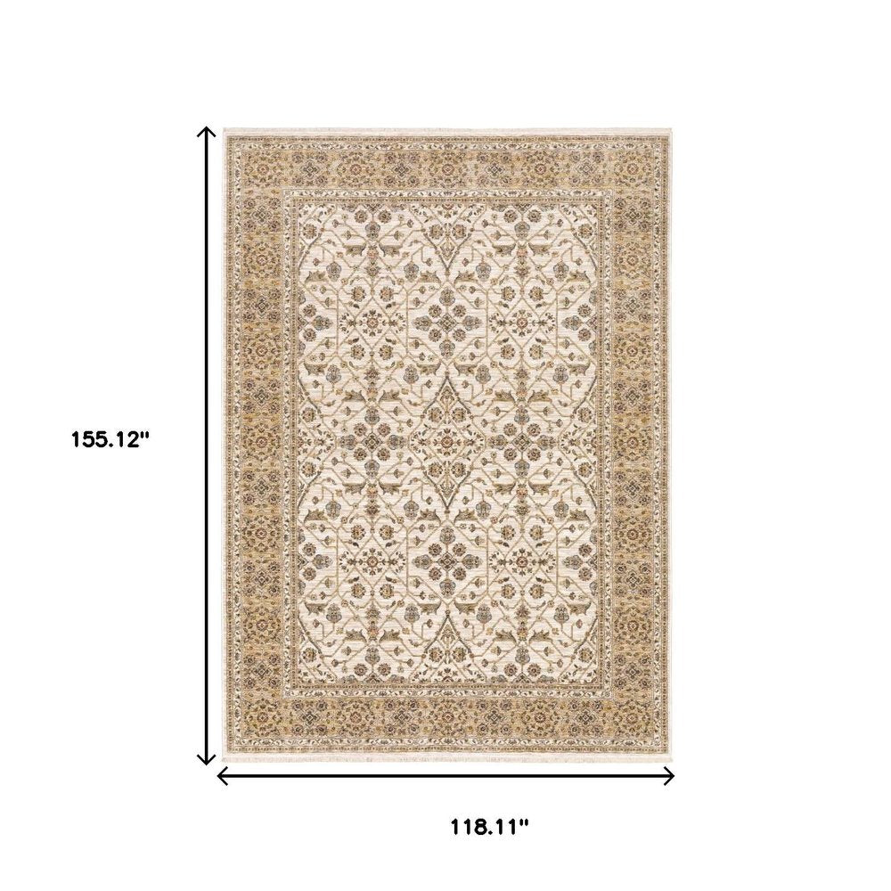 10' X 13' Ivory And Gold Oriental Power Loom Stain Resistant Area Rug With Fringe