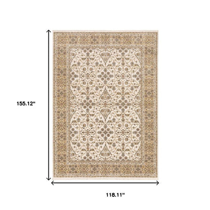 10' X 13' Ivory And Gold Oriental Power Loom Stain Resistant Area Rug With Fringe