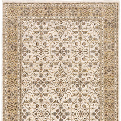10' X 13' Ivory And Gold Oriental Power Loom Stain Resistant Area Rug With Fringe