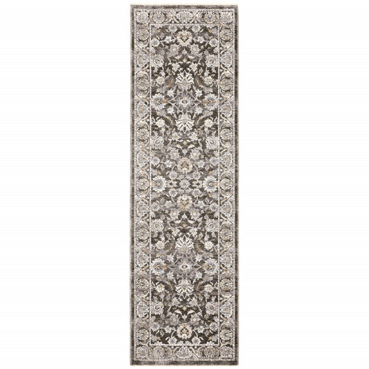 2' X 8' Grey And Ivory Oriental Power Loom Stain Resistant Runner Rug With Fringe