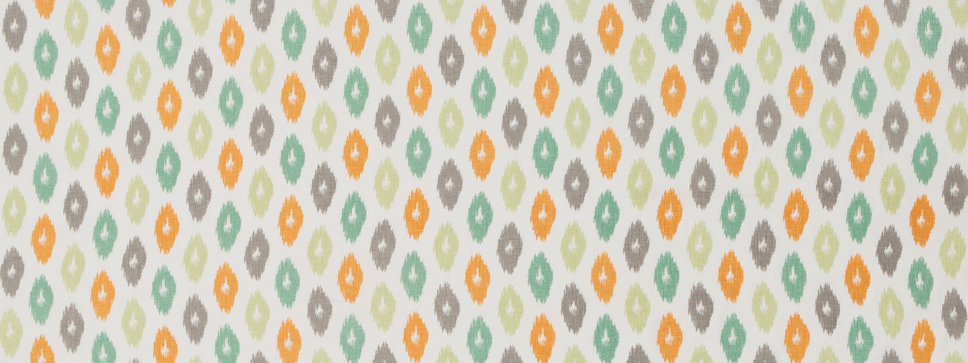 Repeating teardrop/diamond ikat pattern in teal, yellow, and gray; suitable for textiles or wallpaper.