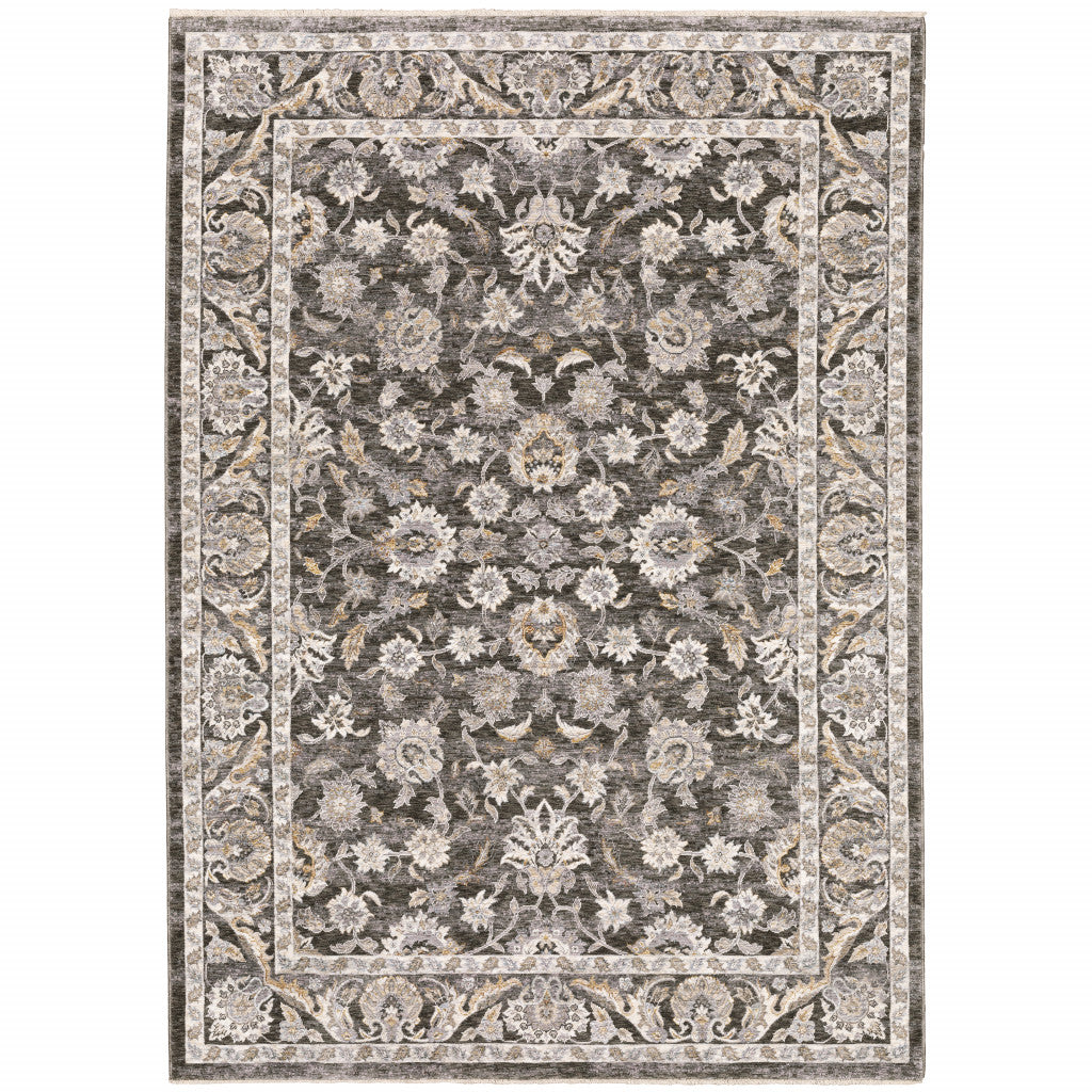 2' X 3' Grey And Ivory Oriental Power Loom Stain Resistant Area Rug With Fringe