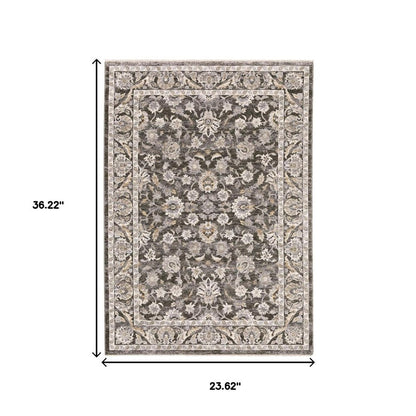 2' X 3' Grey And Ivory Oriental Power Loom Stain Resistant Area Rug With Fringe